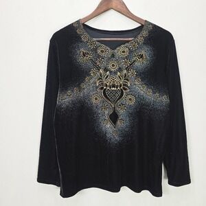 Velvet Top Blouse L Black Floral Glitter Embelished Whimsigoth Dark Fairy Grunge